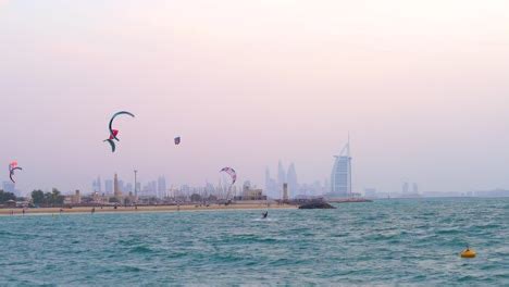 Kite Surfers On Beach In Downtown Of Dubai In Jumeirah United Arab