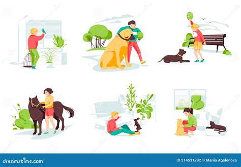 Set With Kids Taking Care Of Wild And Pet Animals Stock Vector