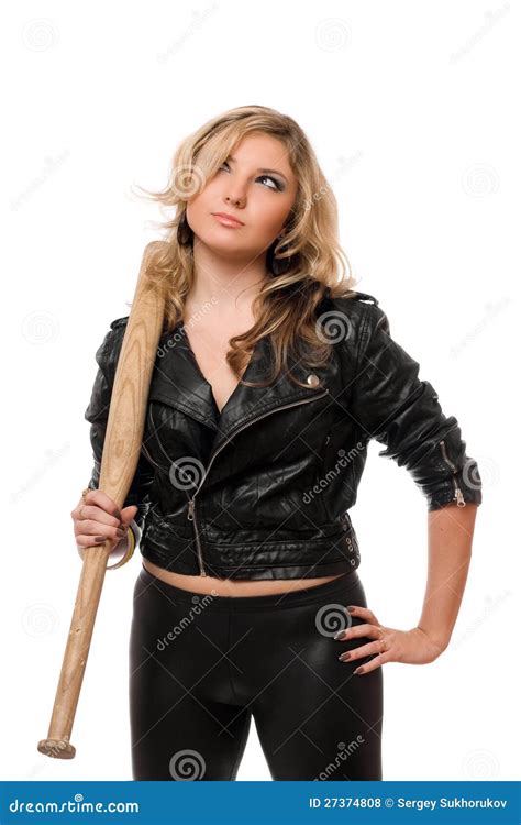 Portret Van Mooie Blonde Met Een Knuppel Stock Foto Image Of Dame Uitdrukking 27374808