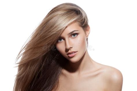 Belle Fille Blonde Longs Cheveux Sains Fond Blanc Image Stock Image Du Coupure Coiffure
