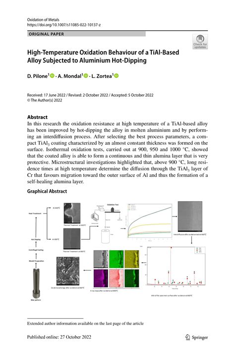 PDF High Temperature Oxidation Behaviour Of A TiAl Based Alloy Subjected To Aluminium Hot Dipping