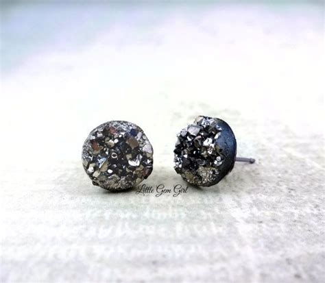 Dark Gunmetal Grey Resin Druzy Stud Earrings In Titanium Or Stainless