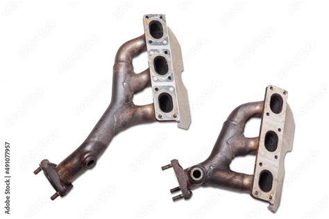automotive exhaust manifold isolated  white exhaust manifold car