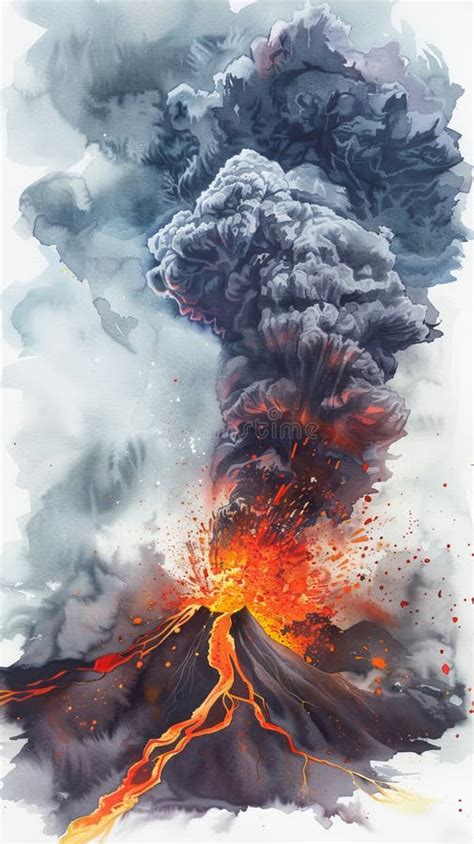 Watercolor Illustration Of Volcanic Eruption With Smoke And Lava