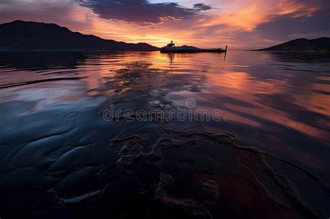 Oil Slick In The Water And Against A Serene Sunset Backdrop Stock Photo