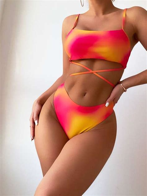 SHEIN Swim Vcay Ombre Bikini Set Criss Cross Cami Top Hipster Bottom