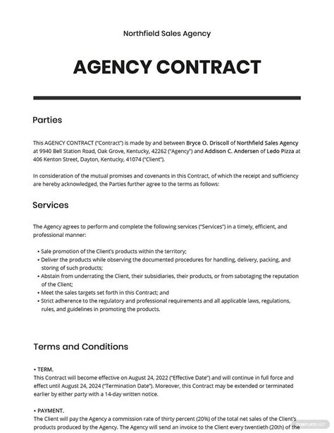 Free Sample Agency Contract Template Google Docs Word Apple Pages