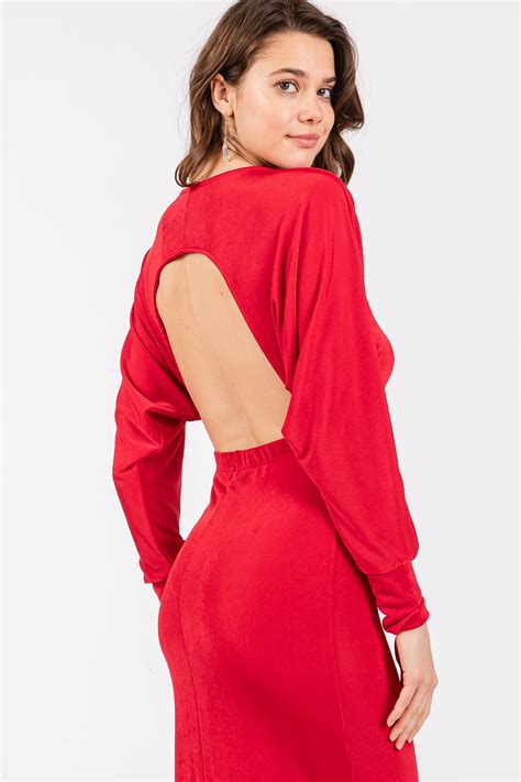 Red Long Sleeve Open Back Maxi Dress Pinkblush