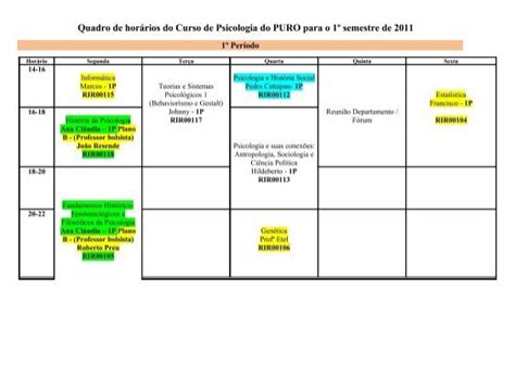 Tempo Do Curso De Psicologia - Quadro de horários do Curso de Psicologia do PURO para o 1º ...