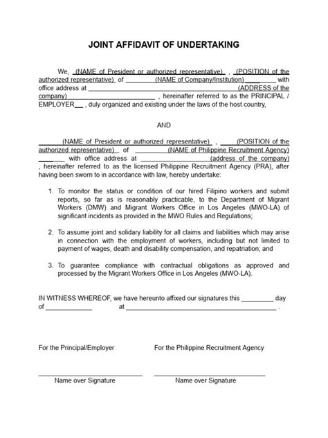 Joint Affidavit Of Undertaking Agencyhire Pdf