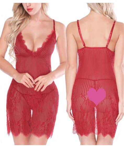 Women Lingerie Chemise V Neck Lace Mesh Sleepwear Outfits Babydoll Dress Red Cr Znty