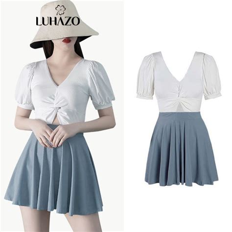 Bikini Set Đồ Bơi Nữ Tay Bồng Liền Thân có tay kín đáo Kèm Chân Váy Mẫu Mới Hot LUHAZO