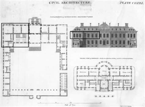 A floor plan and elevation of the front of the British Museum at ...