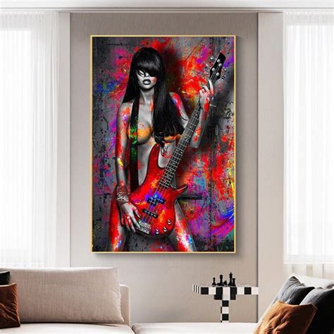 Graffiti Sexy Nude Woman With Guitar Posters And Prints Wall Art Canvas Painting Modern Naked