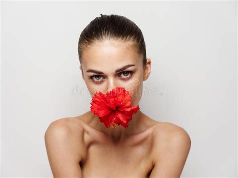 Attractive Woman Naked Shoulders Red Flower Cosmetics Closeup Stock Image Image Of Health