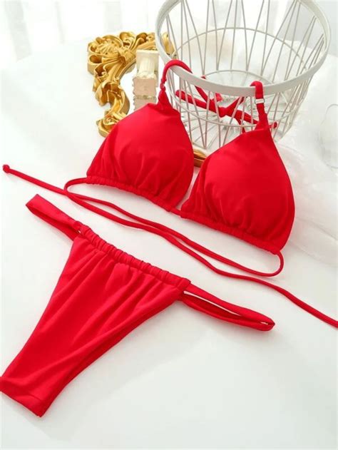Spaghetti Strap Halter Brazilian Thong Bikini Swimsuit Sunnybikinis
