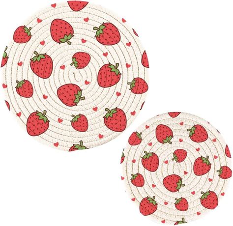 Freeamg Cute Heart Red Strawberry Trivets For Hot Pots And Pans And Pot Holders Pcs Cotton