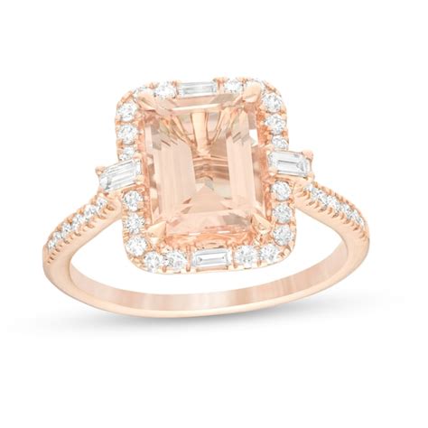 Emerald Cut Morganite And 1 2 Ct T W Diamond Frame Engagement Ring In