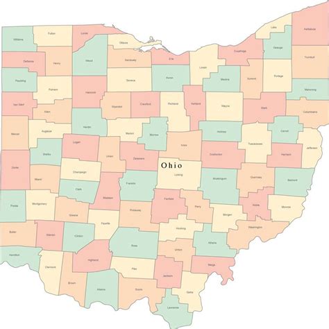 Multi Color Ohio Map with Counties and County Names