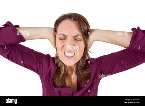 Pretty Brunette Shouting With Hands On Head Stock Photo Alamy