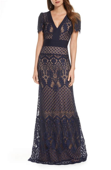Buy Tadashi Shoji Embroidered Lace Evening Gown Navy Nude At 70 Off Editorialist