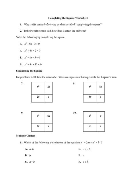 Completing The Square Worksheet | PDF