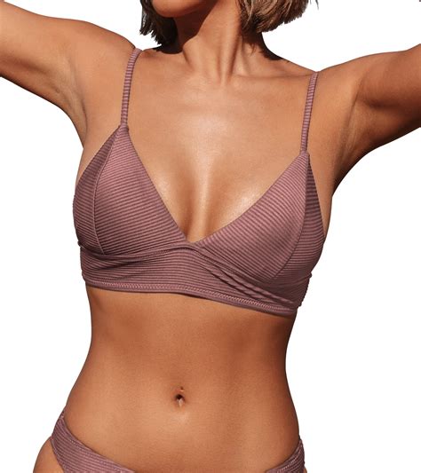 Cupshe Bikini Top For Women Swimsuit V Neck Ribbed Adjustable Spaghetti Straps Bathing Suit