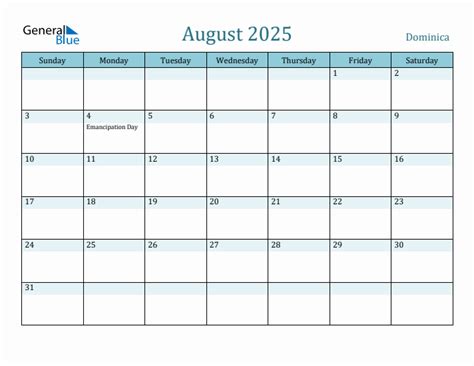 August 2025 Monthly Calendar with Dominica Holidays