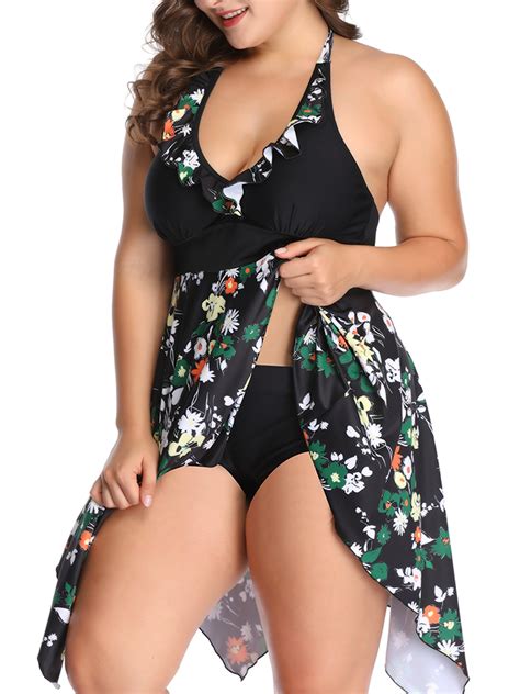 Women Plus Size Swimsuit Tankini Flowy Skirt Floral Printed Two Pieces