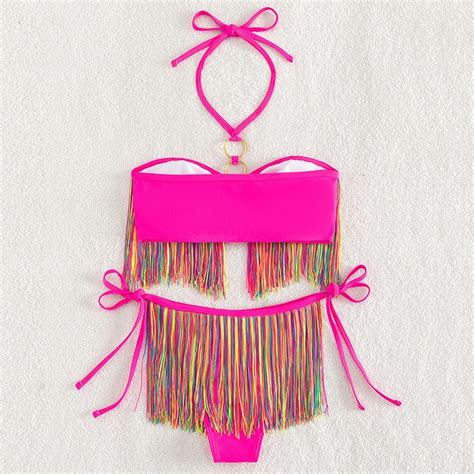 BKN2465 SET BIKINI HỒNG NEON KHUY TRÒN TUA RUA MÀU BIKINI MORE