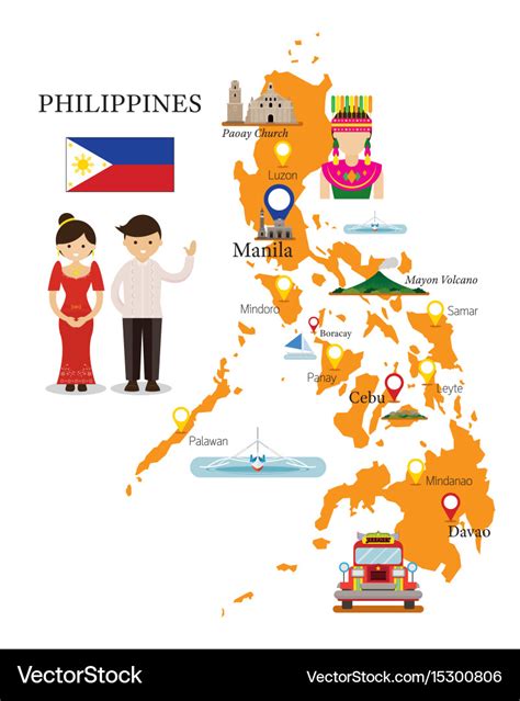 Philippines Map And Landmarks With People Vector Image