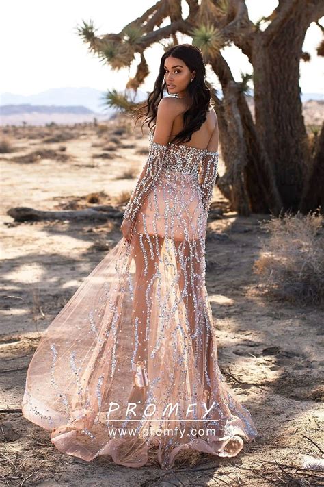 Sequinned Sheer Nude Tulle Sleeved Slit Prom Dress Promfy