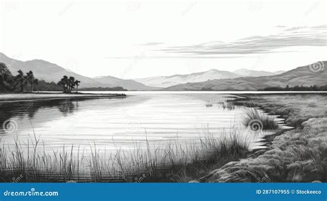 Serenity And Calm Black And White Loch Loch Drawing By Peregrine