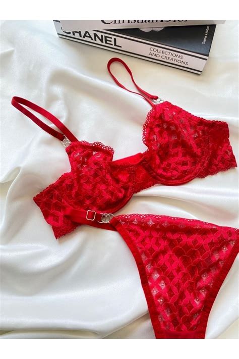 Genel Markalar Kırmızı Nude Dantelli Bralet Südyen Kilot Takım Tanga
