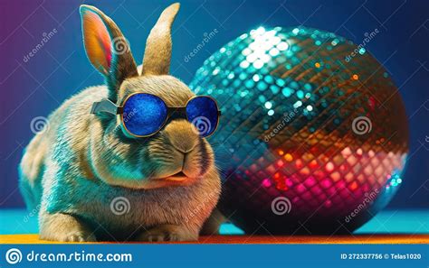 A Rabbit Wearing Sunglasses Next To A Disco Ball And Disco Ball Stock