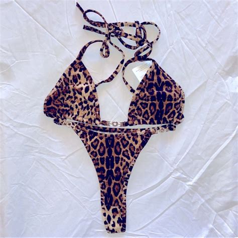 Swim Leopard Print Thong Bikini Set Medium Top Bottom Poshmark