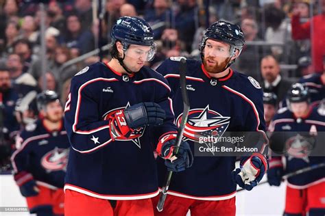 Vladislav Gavrikov Of The Columbus Blue Jackets Talks With Teammate