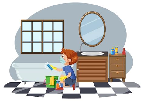 Premium Vector | A boy cleaning bathroom