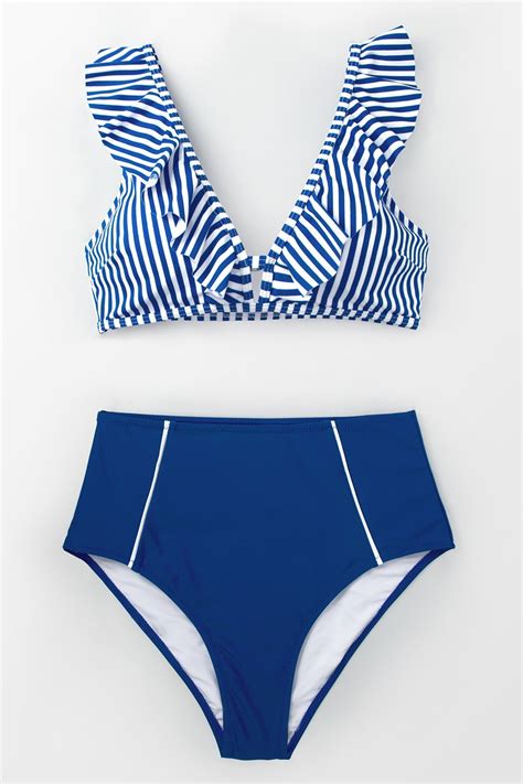 Blue Striped And High Waisted Bikini