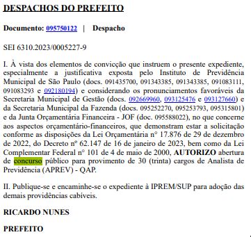 Concurso IPREM SP edital autorizado 30 vagas para analista Direção