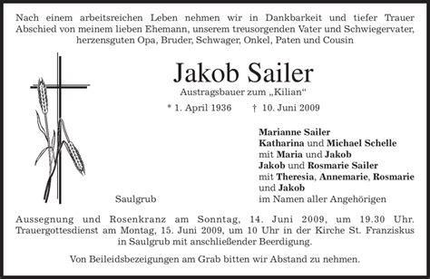 Traueranzeigen Von Jakob Sailer Trauer Merkur De