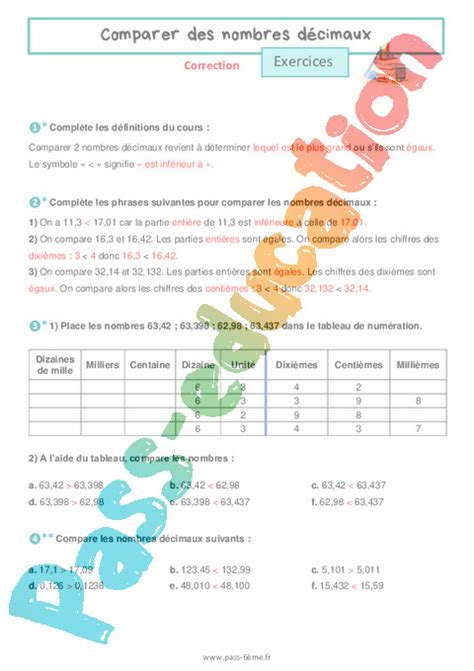 Comparer Des Nombres D Cimaux Exercices De Nombres Et Calculs Pour La