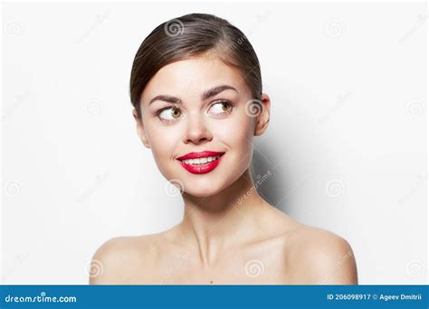 Brunette Naked Shoulders Red Lips Look Aside Clear Skin Smile Stock Image Image Of Female