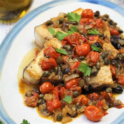 Sicilian Swordfish with Tomatoes, Capers and Olives - Mangia Bedda