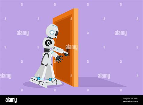 Character Flat Drawing Robot Holding Door Knob Entering Working Room