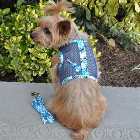 Ukulele Blue Hibiscus Cool Mesh Dog Harness With Matching Leash By