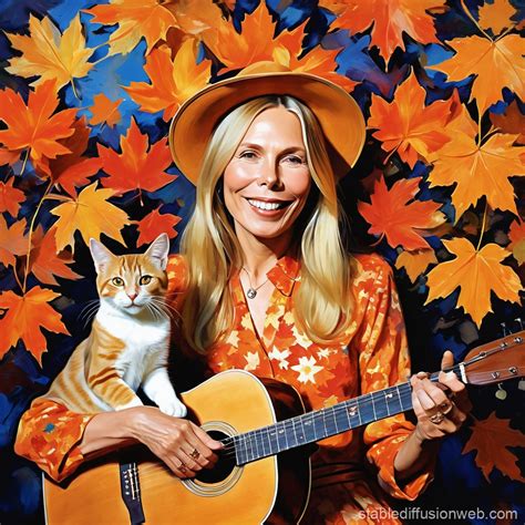 Smiling Joni Mitchell With Colorful Cats And Flowers Stable Diffusion