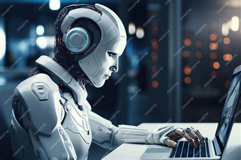 premium ai image humanoid android robot working  laptop  office