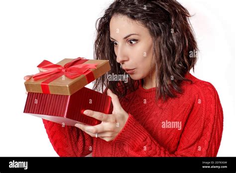 Surprised Young Woman Opening T Box Close Up Stock Photo Alamy