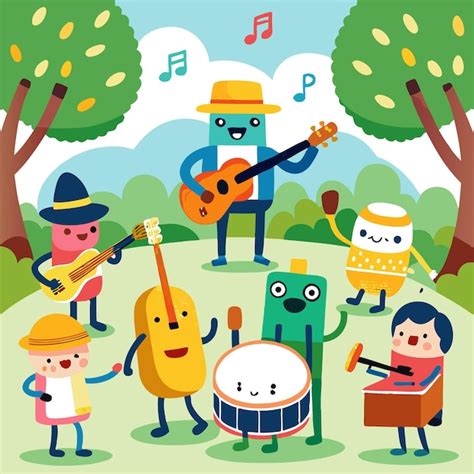 Coloridos Personajes De Dibujos Animados Tocando Instrumentos Musicales